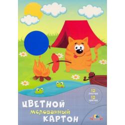 Картон цветной мелованный Кот на пикнике, 12 листов, 12 цветов