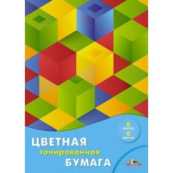 Цветная бумага Разноцветные квадраты, тонированная, А4, 8 листов, 8 цветов